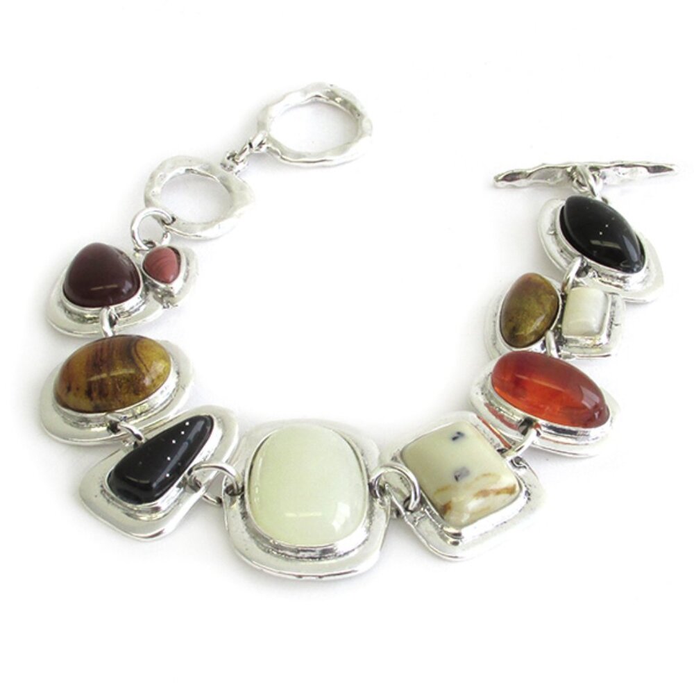 Natural Stone Boho Western Silver Link Toggle Statement Bracelet NEW